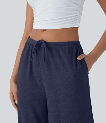 High Stretch Skin Friendly Ribbed Low Rise Drawstring Wide Leg Flowy Casual Pants with Side Pockets