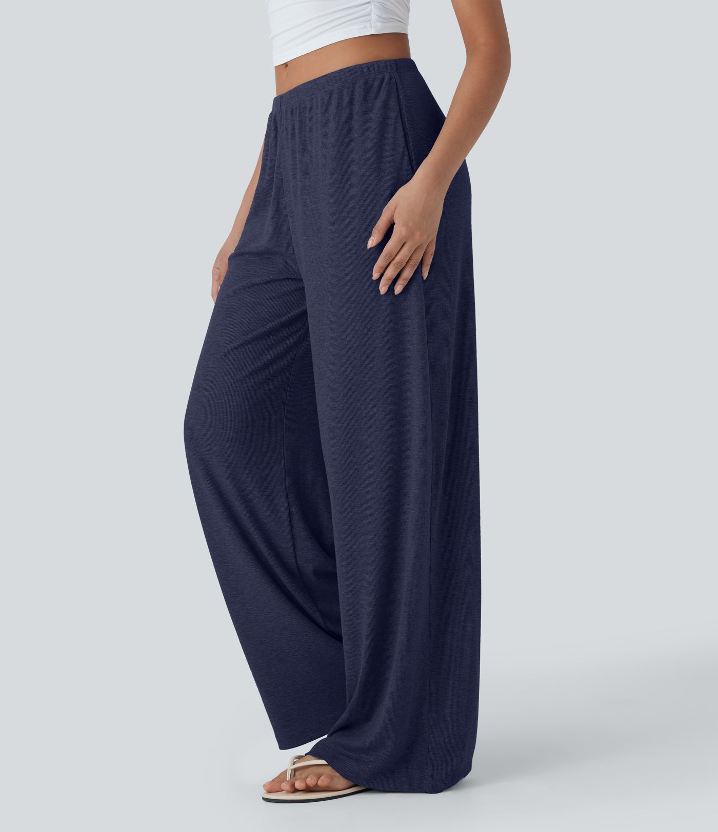 High Stretch Skin Friendly Ribbed Low Rise Drawstring Wide Leg Flowy Casual Pants with Side Pockets