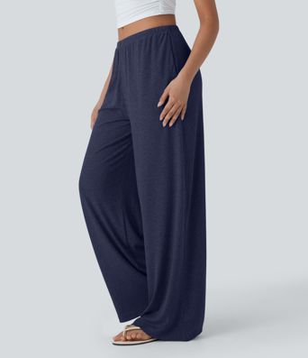 High Stretch Skin Friendly Ribbed Low Rise Drawstring Wide Leg Flowy Casual Pants with Side Pockets