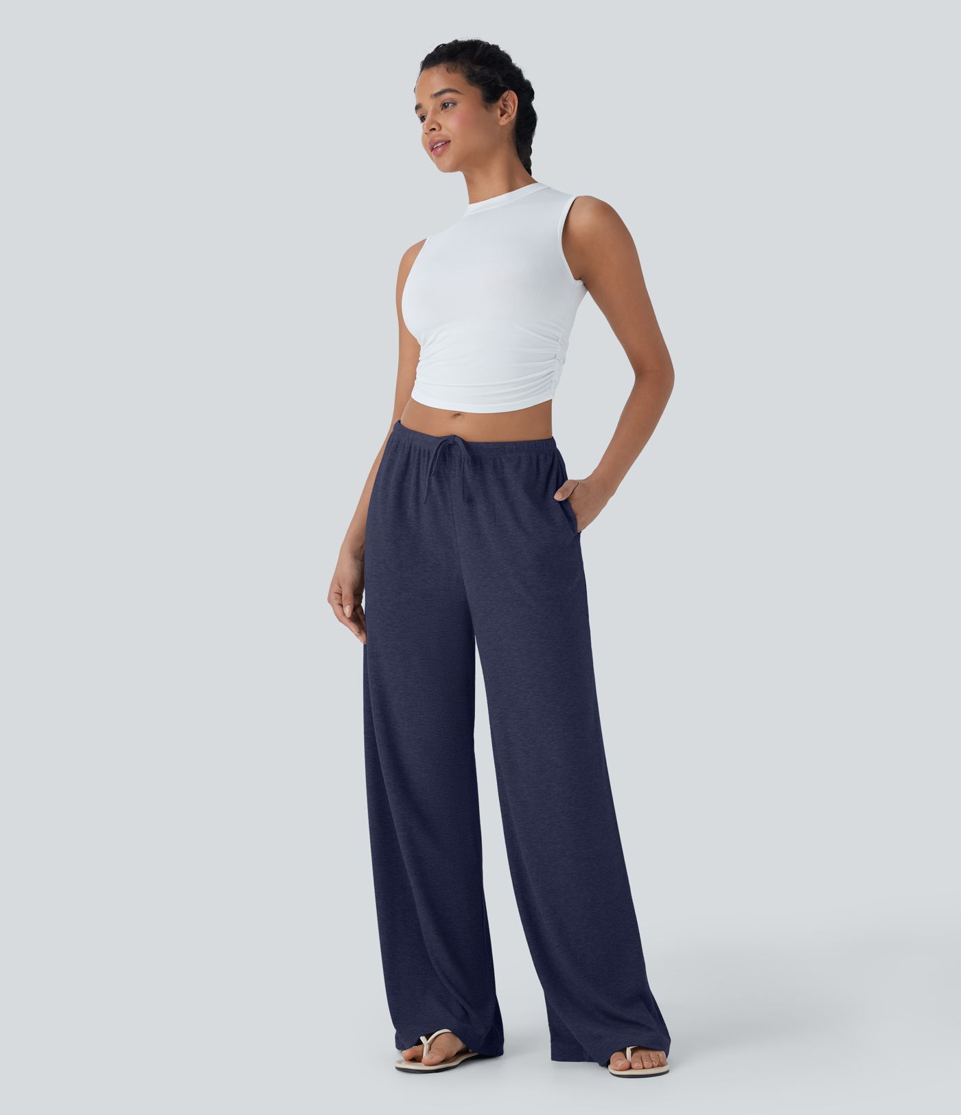 High Stretch Skin Friendly Ribbed Low Rise Drawstring Wide Leg Flowy Casual Pants with Side Pockets