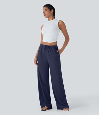 High Stretch Skin Friendly Ribbed Low Rise Drawstring Wide Leg Flowy Casual Pants with Side Pockets