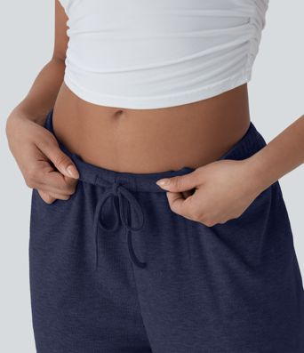 High Stretch Skin Friendly Ribbed Low Rise Drawstring Wide Leg Flowy Casual Pants with Side Pockets