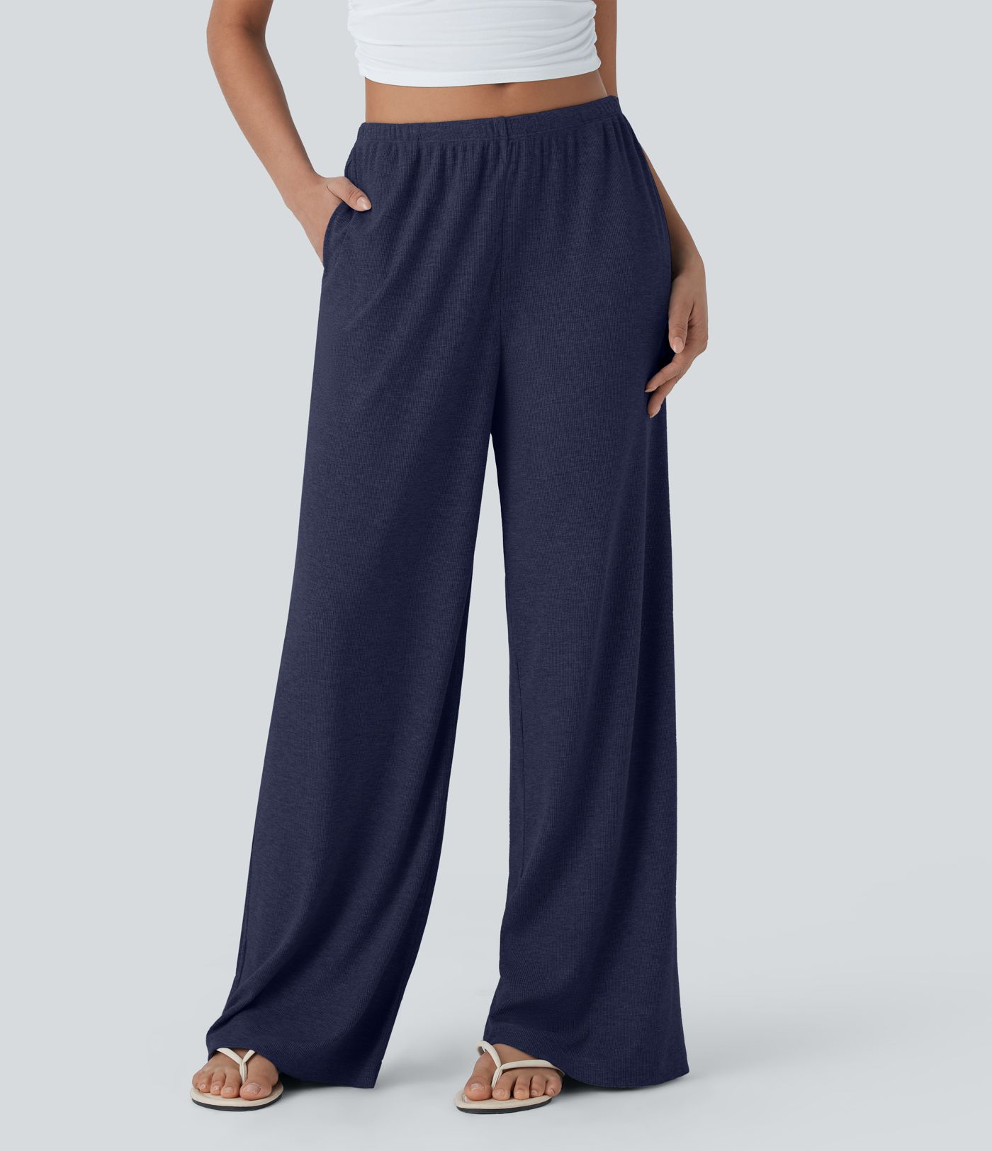 High Stretch Skin Friendly Ribbed Low Rise Drawstring Wide Leg Flowy Casual Pants with Side Pockets