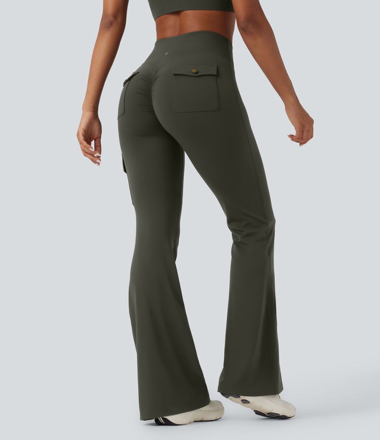 DayStretch High Waisted Tummy Control Ruched Workout Flare Pants with Pockets
