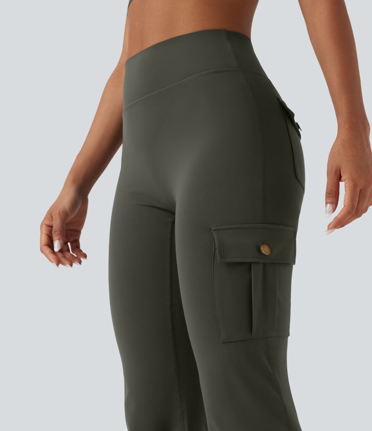 DayStretch High Waisted Tummy Control Ruched Workout Flare Pants with Pockets