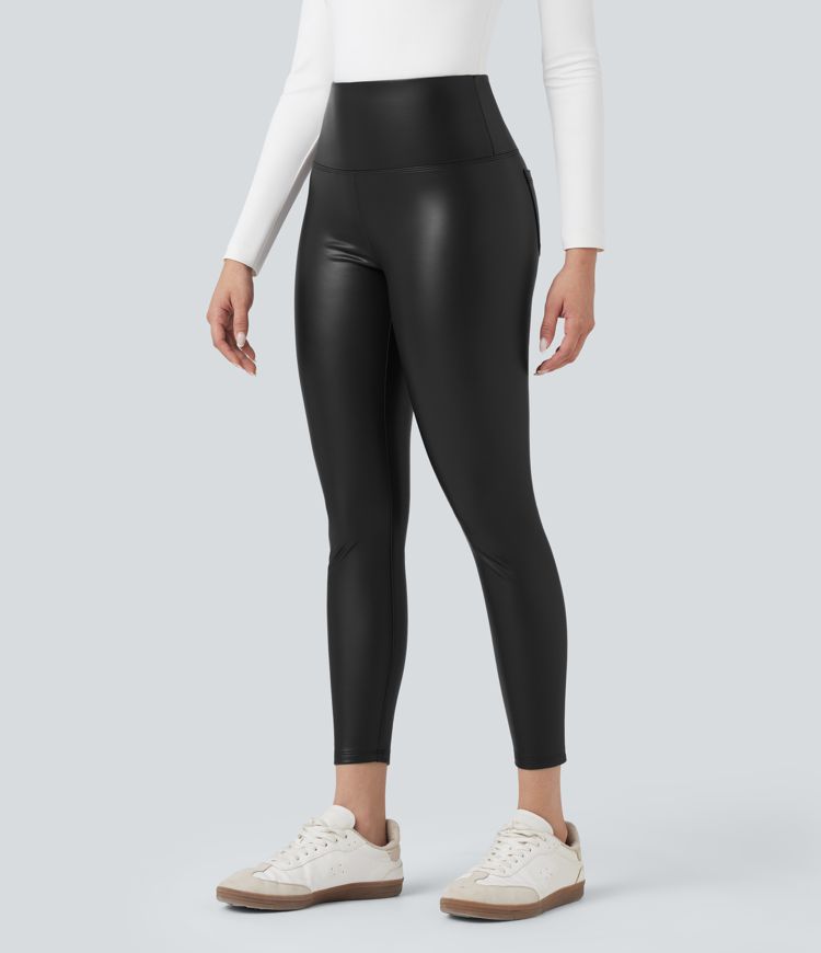 SoCinched High Waisted Tummy Control Stretchy PU Fleece 7/8 Skinny Casual Leggings with Pockets