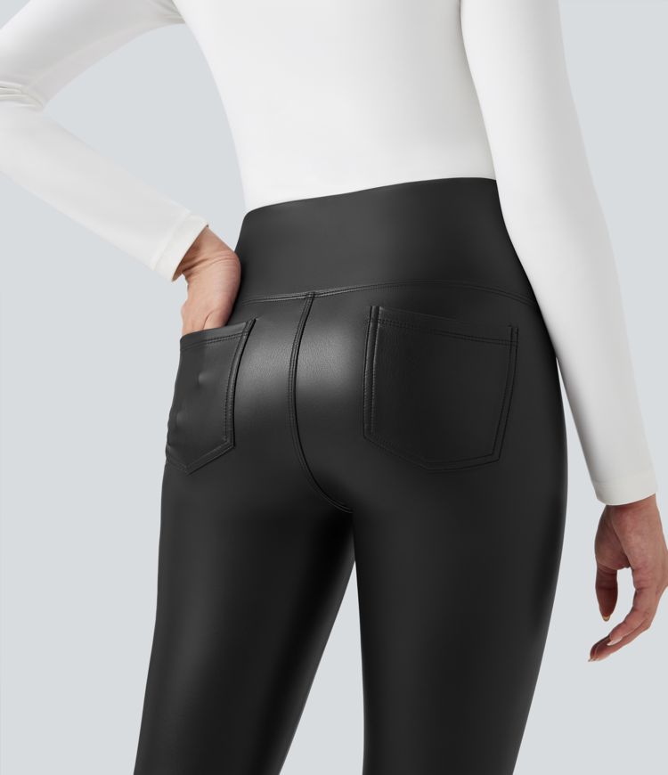 High Waisted Tummy Control Stretchy PU Fleece 7/8 Skinny Casual Leggings with Pockets