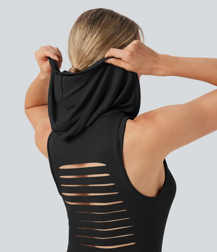 Hooded Sleeveless Cut-out Drawstring Mini Bodycon Casual Dress-Adjustable Dress Length