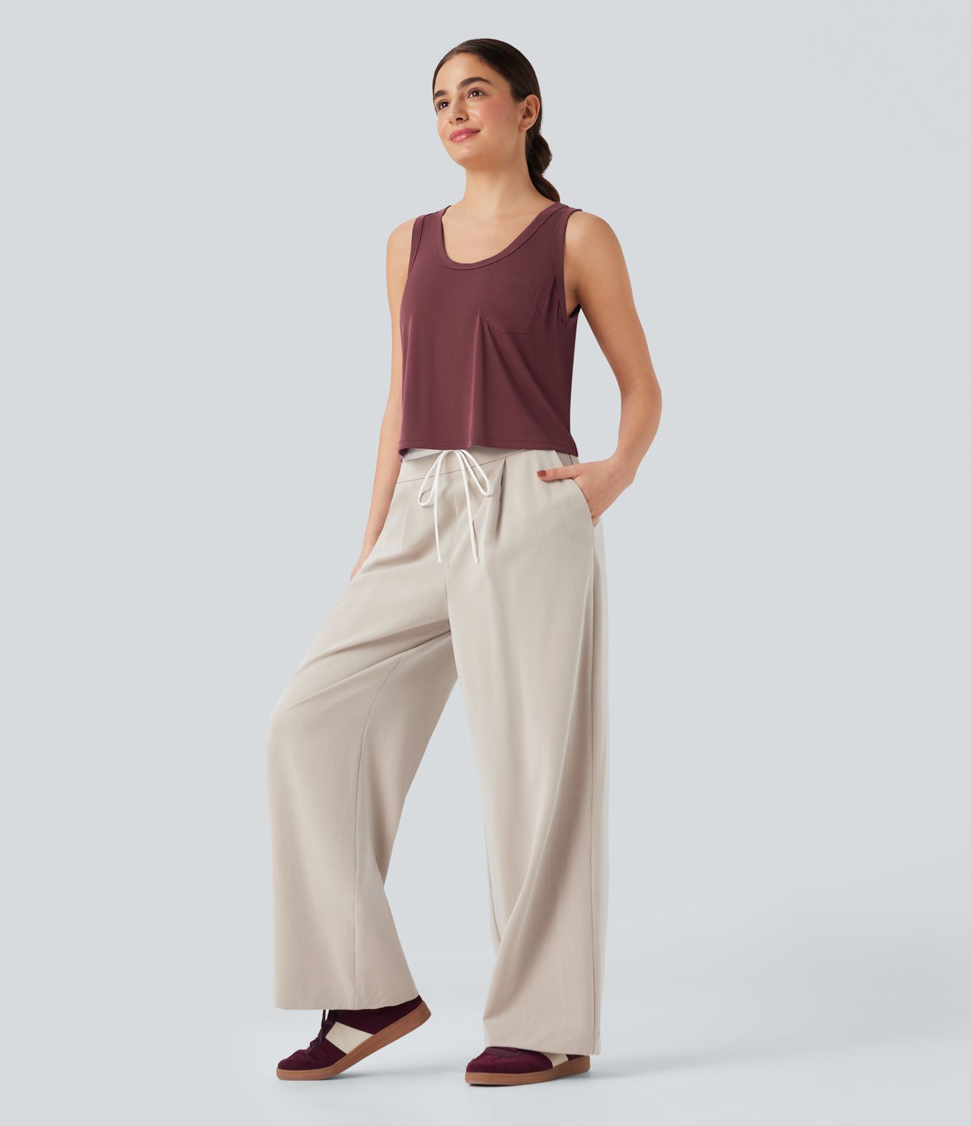 U Neck Loose Casual Tank Top with Pocket