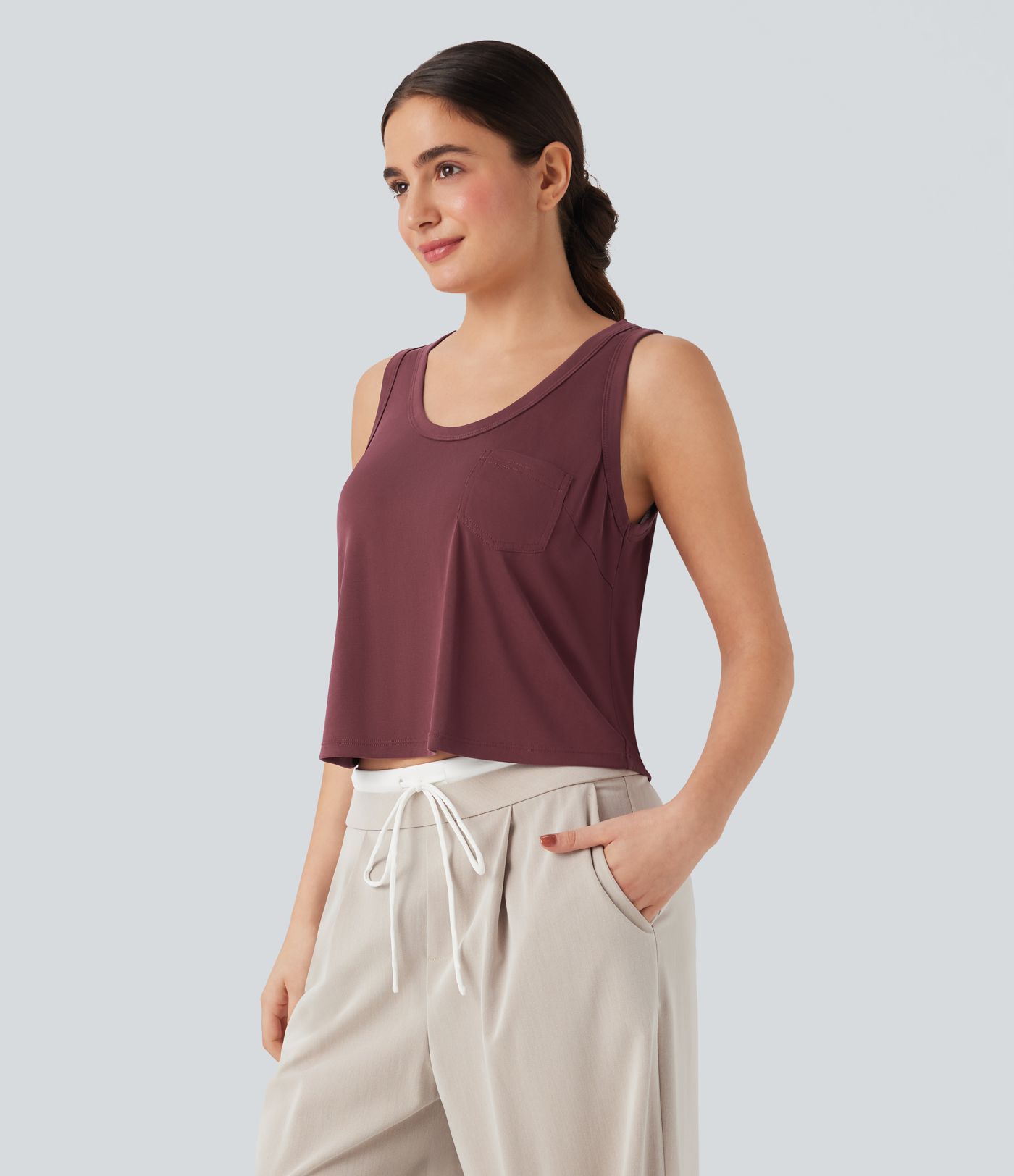 U Neck Loose Casual Tank Top with Pocket