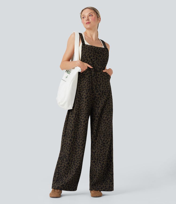 Salopette décontractée en velours côtelé imprimé léopard avec poches
