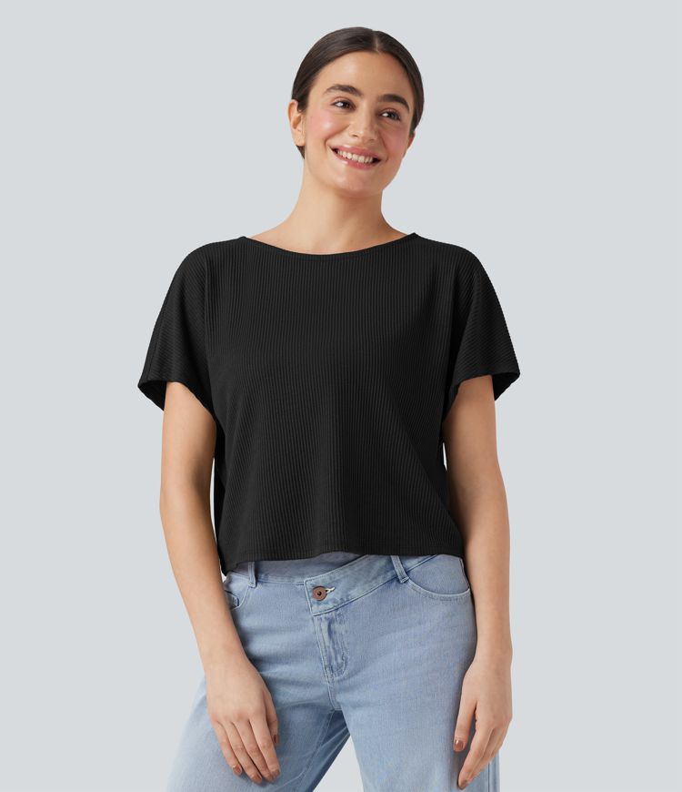 Ribbed Knit Batwing Sleeve Relaxed Casual T-Shirt