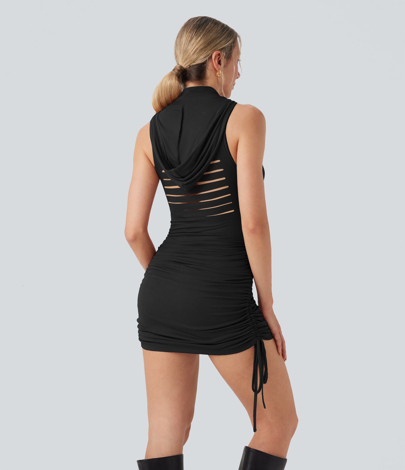 Hooded Sleeveless Cut-out Drawstring Mini Bodycon Casual Dress-Adjustable Dress Length