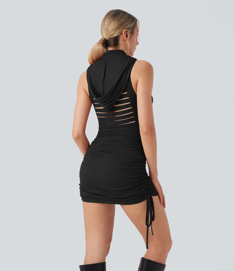 Hooded Sleeveless Cut-out Drawstring Mini Bodycon Casual Dress-Adjustable Dress Length