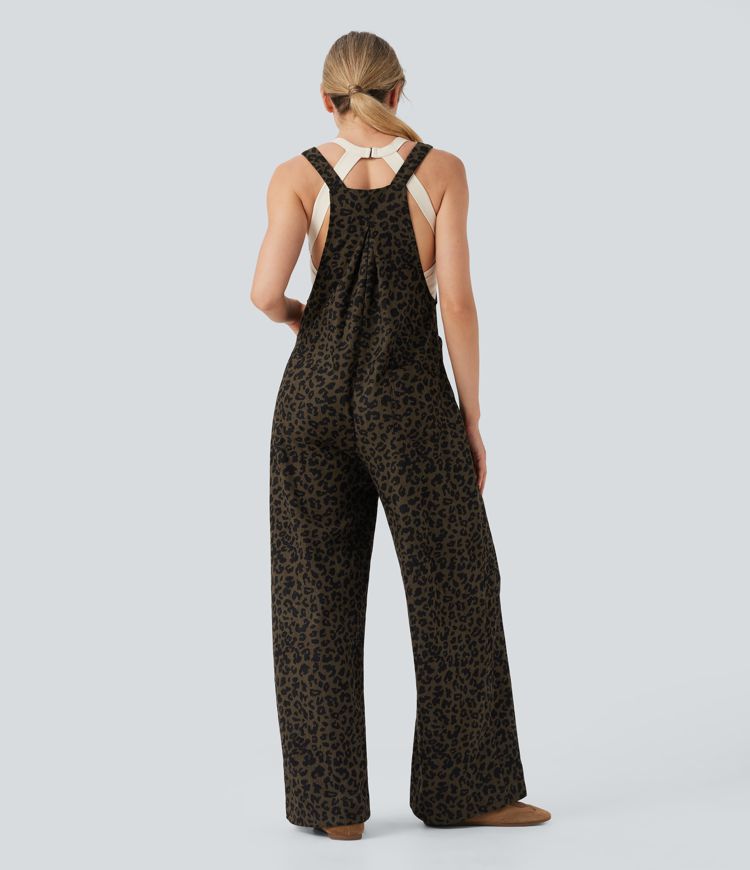 Salopette décontractée en velours côtelé imprimé léopard avec poches