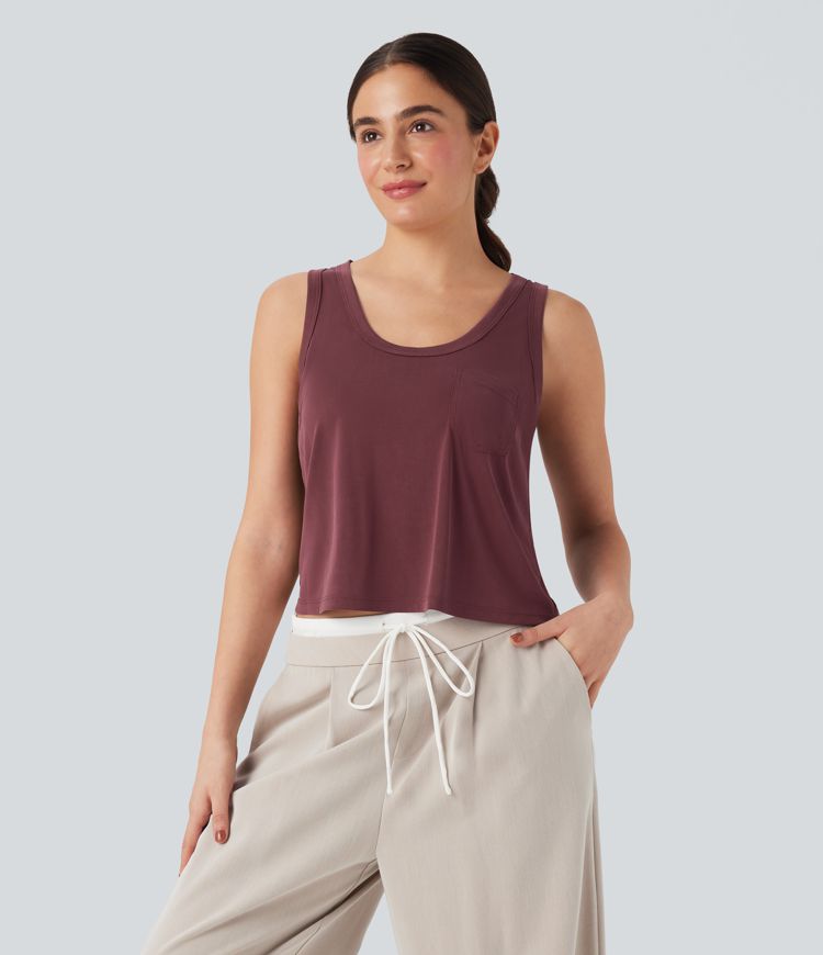 U Neck Loose Casual Tank Top with Pocket