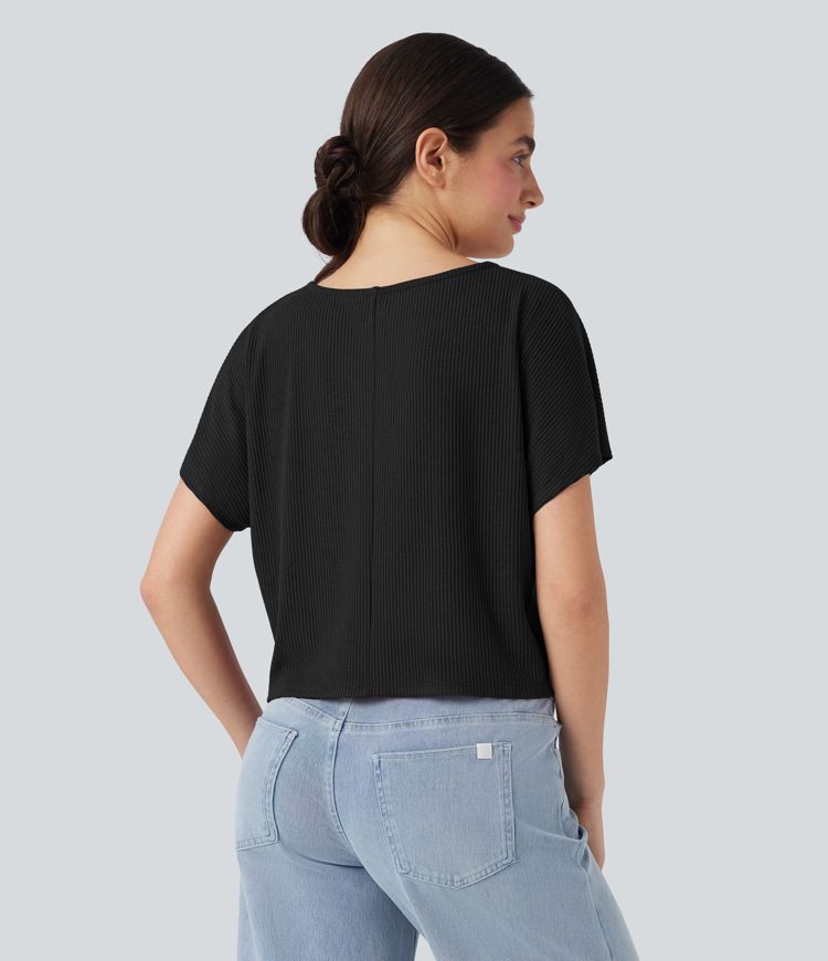 Black Ribbed Knit Batwing Sleeve Relaxed Casual T-Shirt / 2