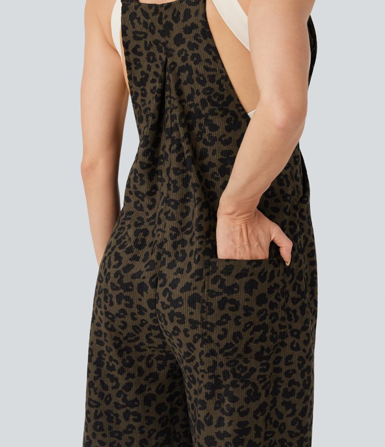 Salopette décontractée en velours côtelé imprimé léopard avec poches