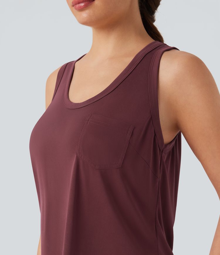 U Neck Loose Casual Tank Top with Pocket