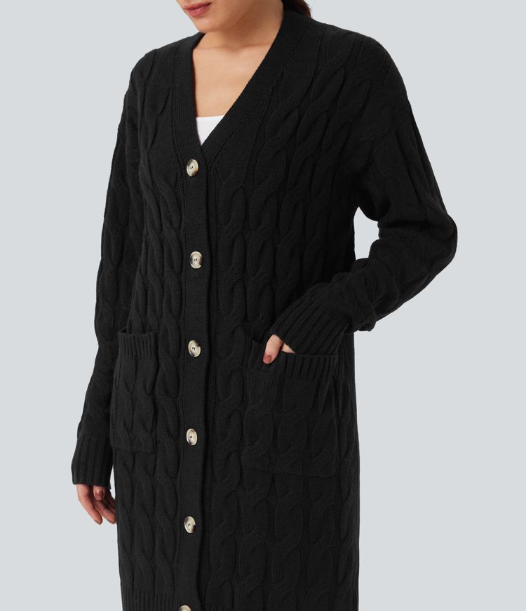 V-образно деколте, дълъг ръкав, удължена casual жилетка с джобове