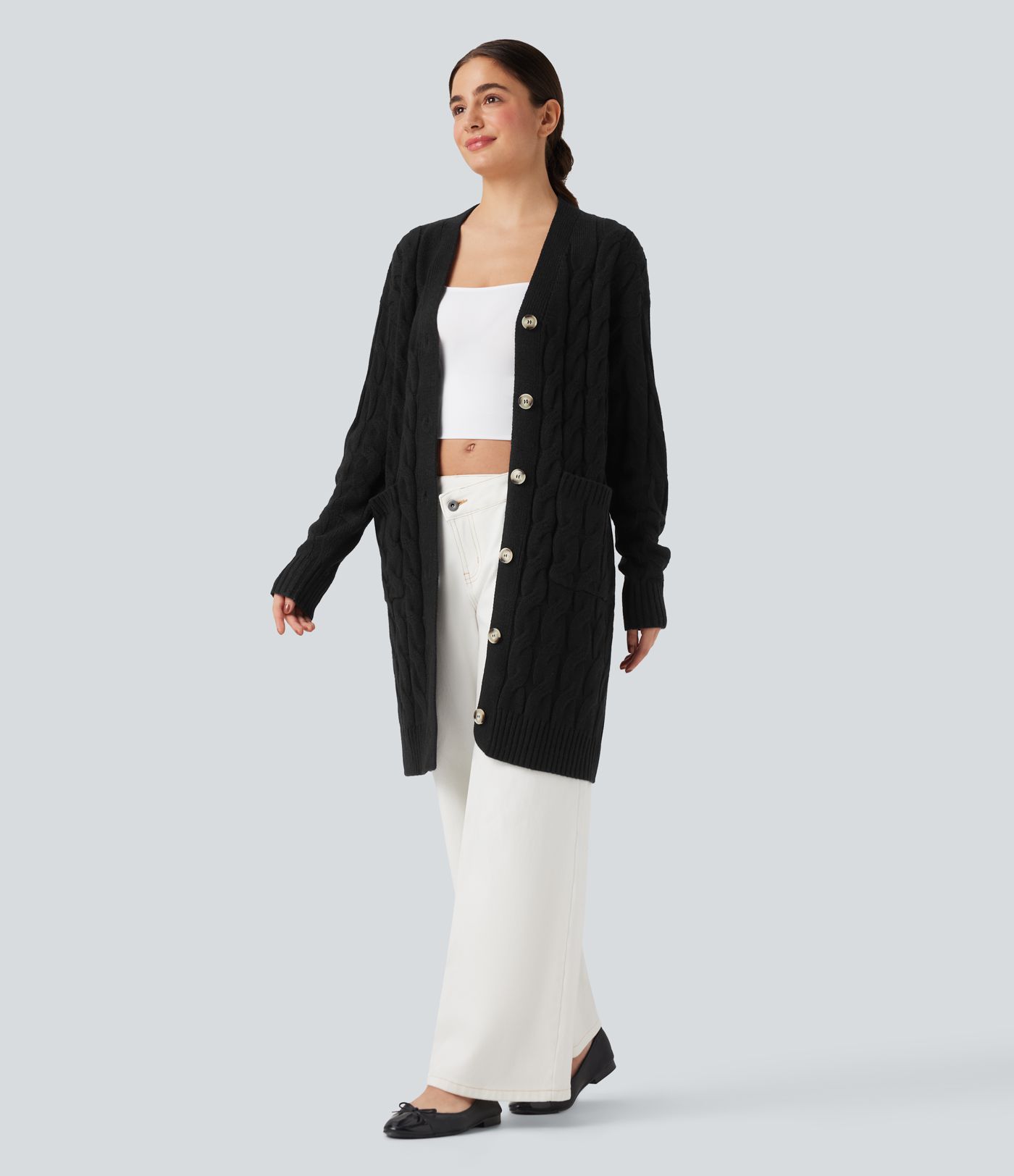 V-образно деколте, дълъг ръкав, удължена casual жилетка с джобове