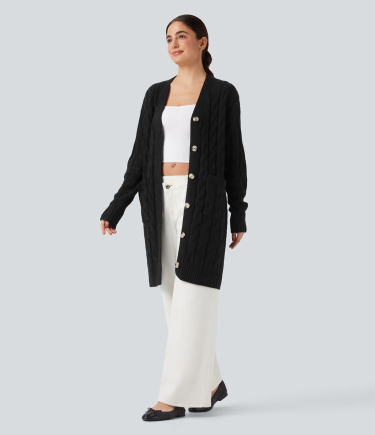 V-образно деколте, дълъг ръкав, удължена casual жилетка с джобове