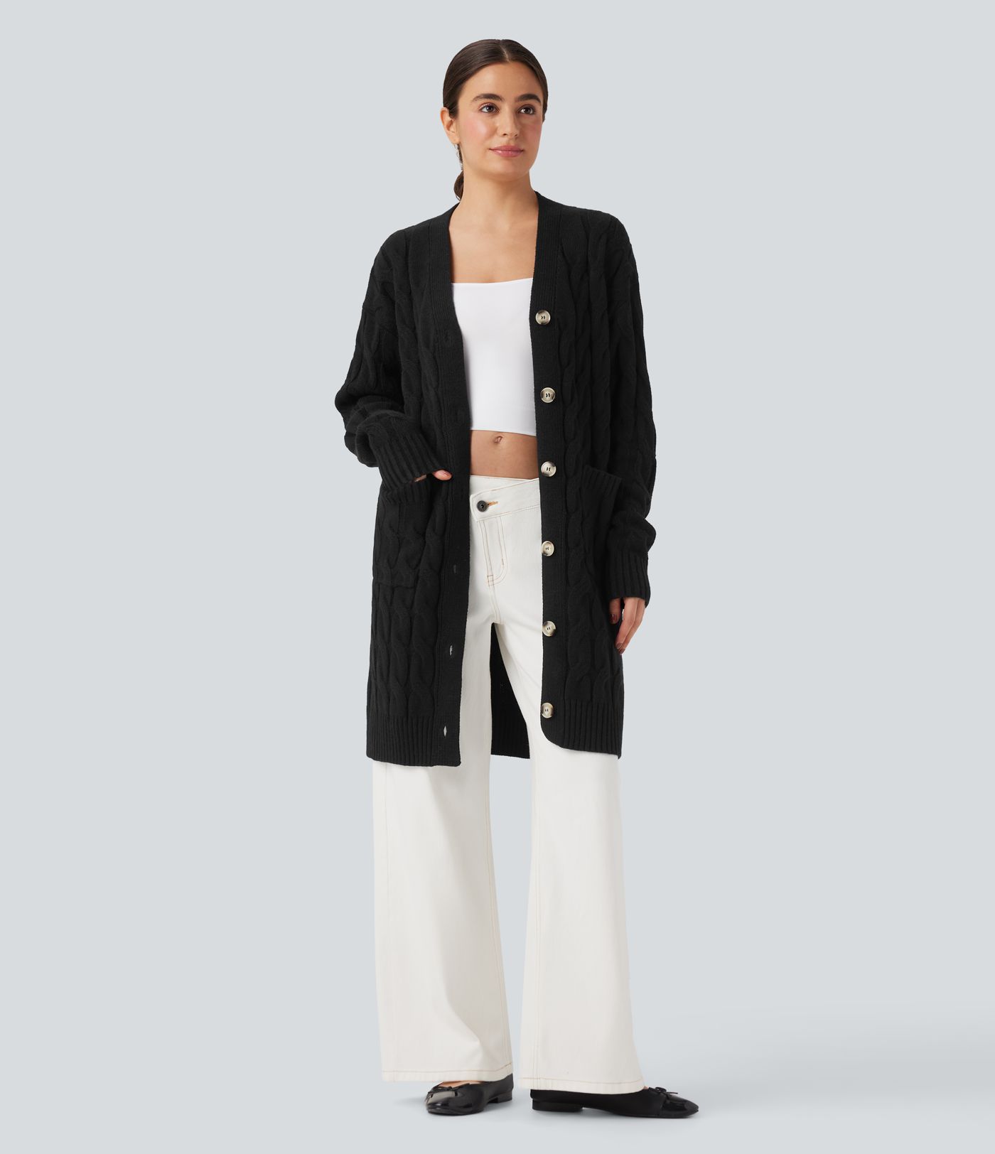 V-образно деколте, дълъг ръкав, удължена casual жилетка с джобове