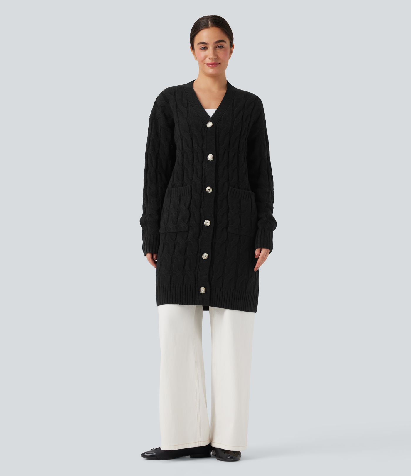 V-образно деколте, дълъг ръкав, удължена casual жилетка с джобове