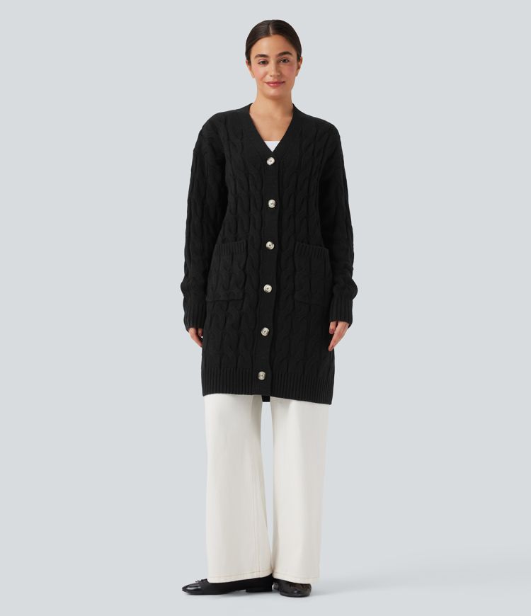 V-образно деколте, дълъг ръкав, удължена casual жилетка с джобове