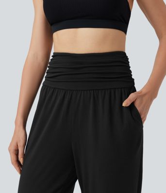 High Waisted Ruched Heathered Yoga Joggers with Pockets