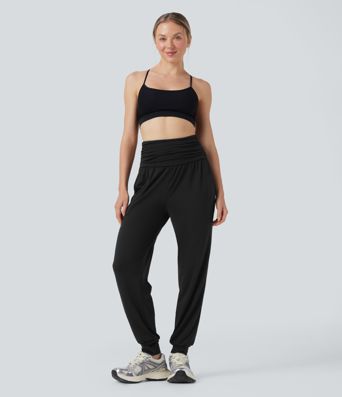 High Waisted Ruched Heathered Yoga Joggers with Pockets