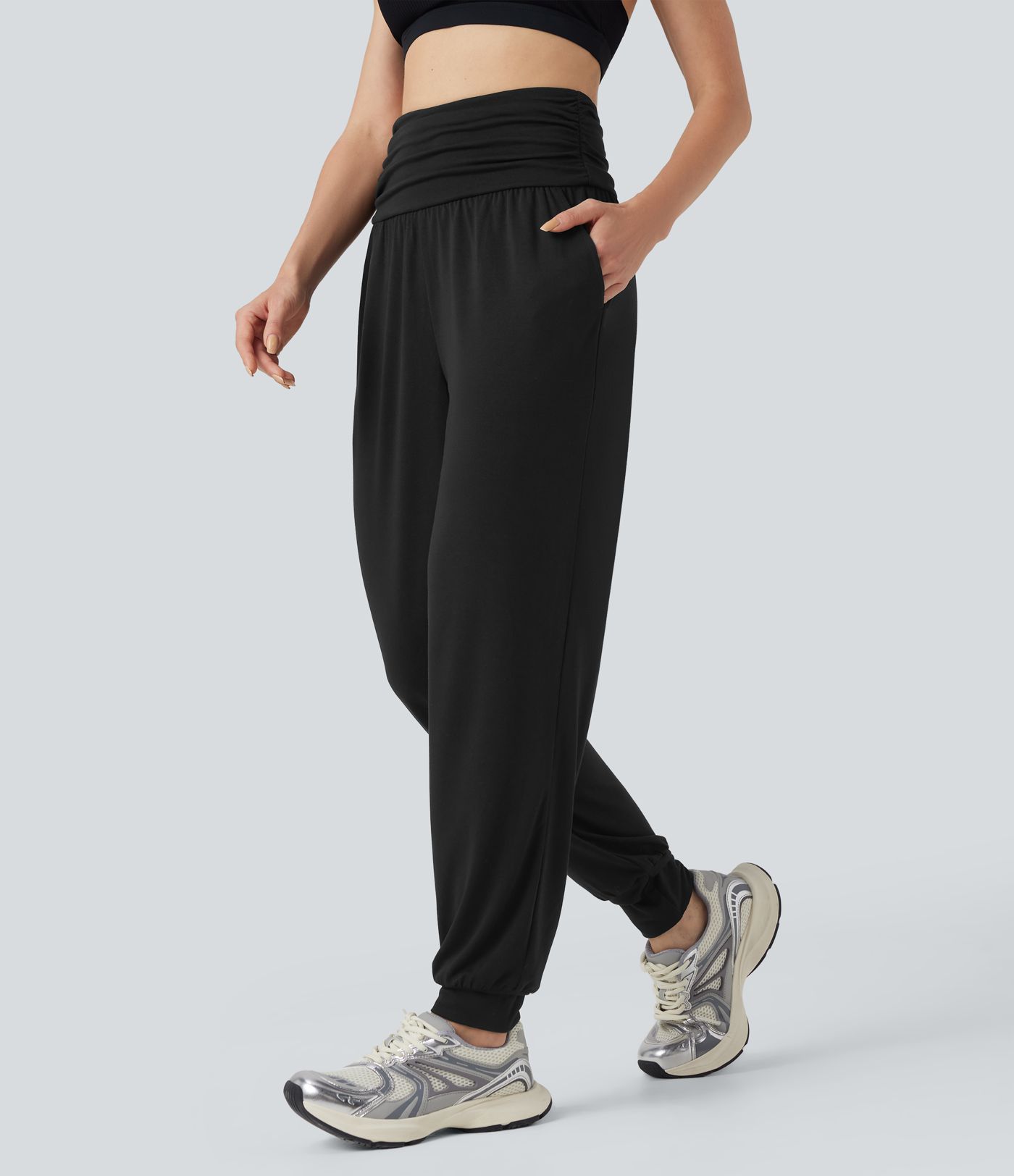 High Waisted Ruched Heathered Yoga Joggers with Pockets