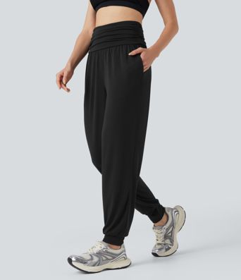 High Waisted Ruched Heathered Yoga Joggers with Pockets