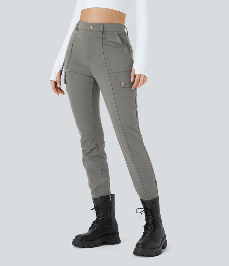 Pantalon Cargo Ajusté Taille Haute Boutonnés Fermeture Éclair Multiples Poches Uni