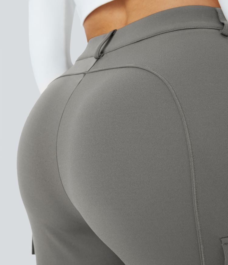 Pantalon Cargo Ajusté Taille Haute Boutonnés Fermeture Éclair Multiples Poches Uni