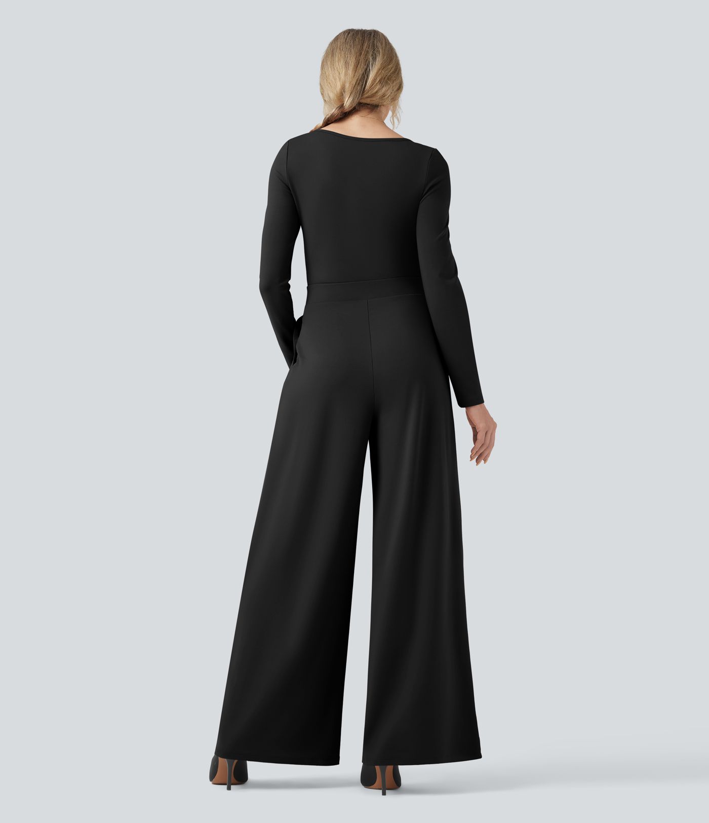 U-Neck Long Sleeve Wide Leg Casual Jumpsuit with Pockets