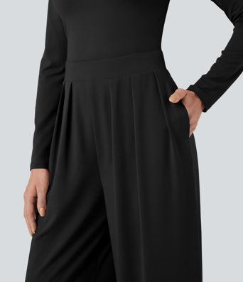 U-Neck Long Sleeve Wide Leg Casual Jumpsuit with Pockets