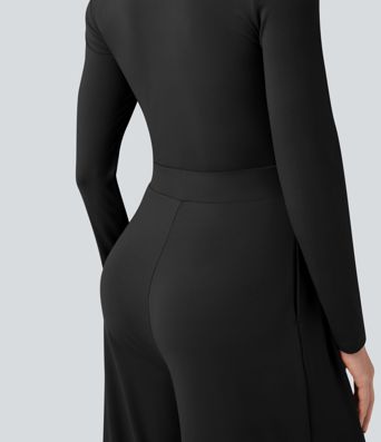 U-Neck Long Sleeve Wide Leg Casual Jumpsuit with Pockets