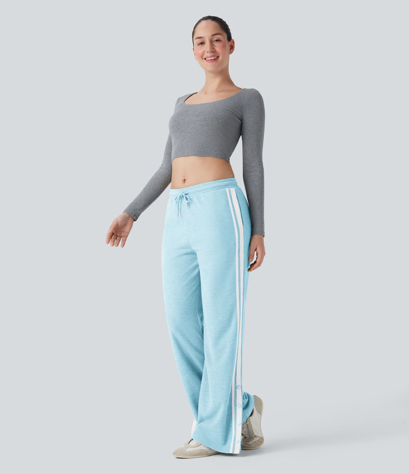 Pantalones casuales de pierna ancha con bolsillos, cintura baja, cordón ajustable, botones a presión y diseño en bloques de color