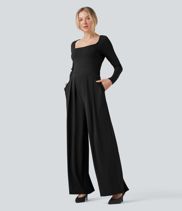 U-Neck Long Sleeve Wide Leg Casual Jumpsuit with Pockets