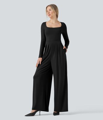 U-Neck Long Sleeve Wide Leg Casual Jumpsuit with Pockets