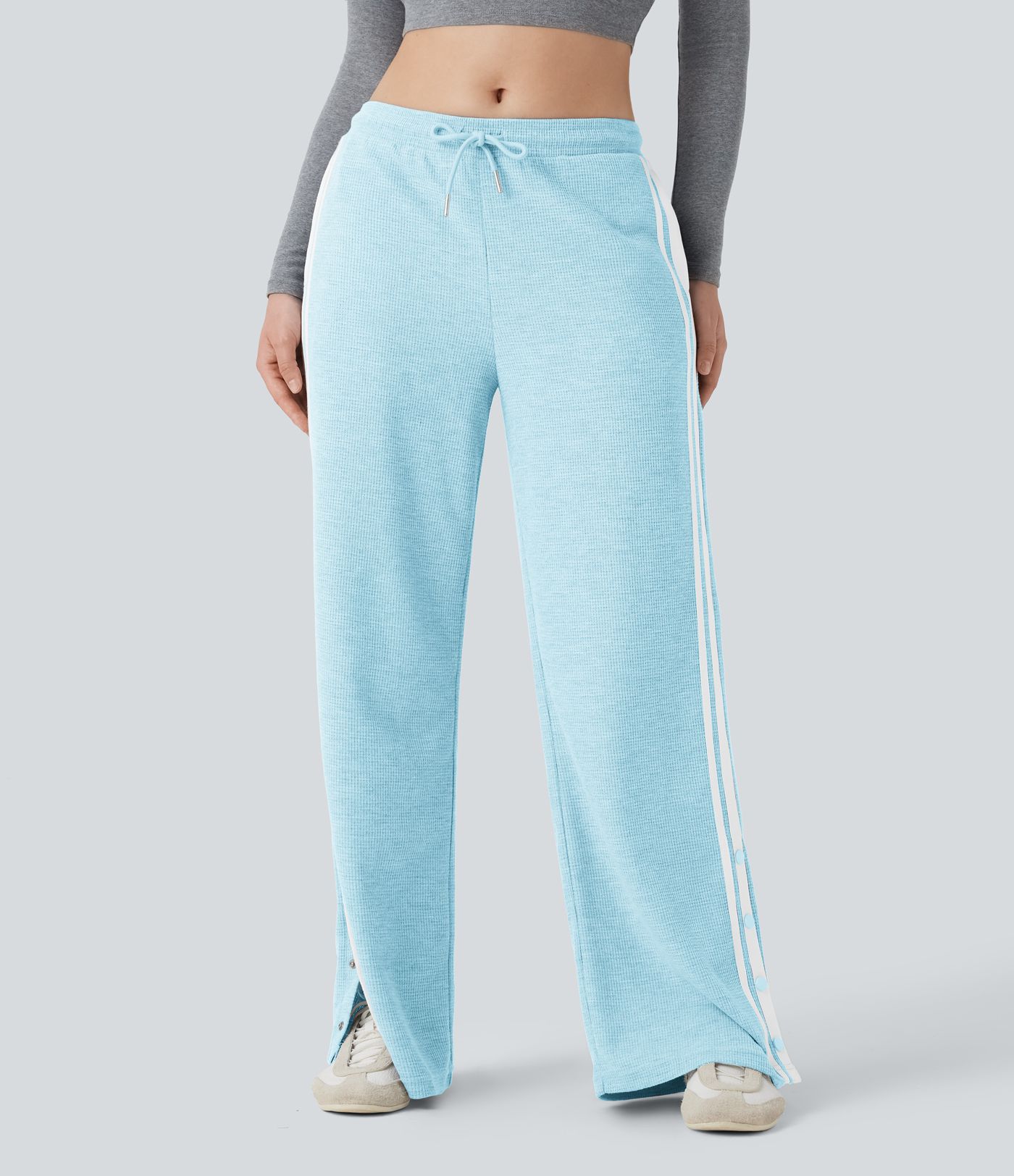 Pantalones casuales de pierna ancha con bolsillos, cintura baja, cordón ajustable, botones a presión y diseño en bloques de color