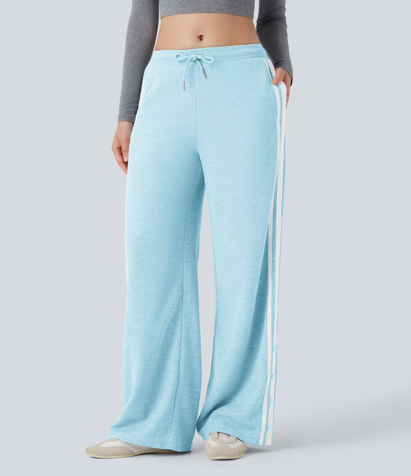 Pantalones casuales de pierna ancha con bolsillos, cintura baja, cordón ajustable, botones a presión y diseño en bloques de color