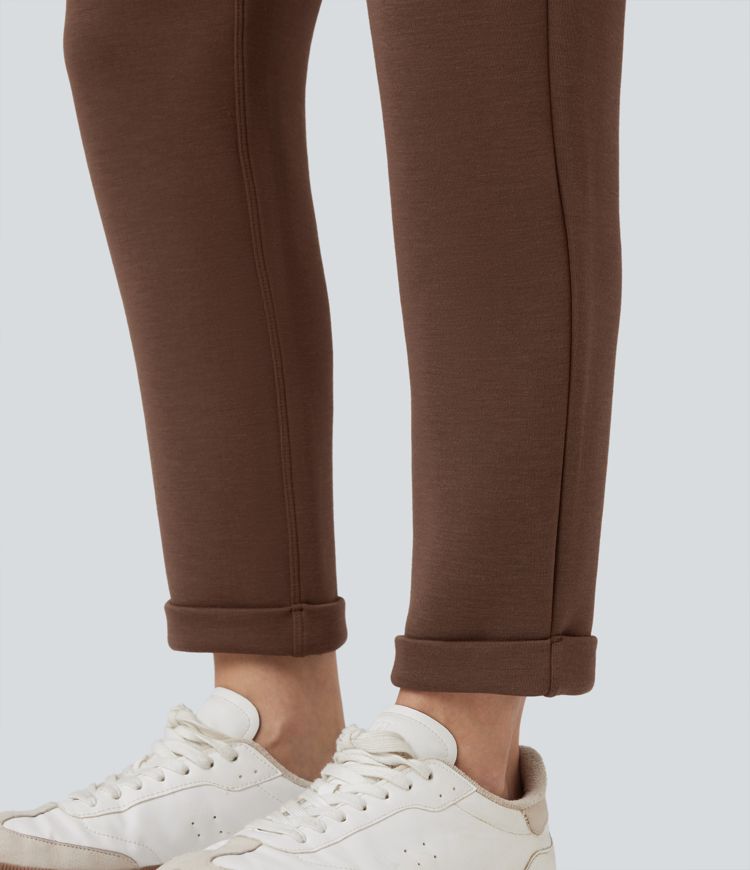 Pantalones casuales de tiro alto con cordón ajustable y dobladillo enrollado con bolsillos