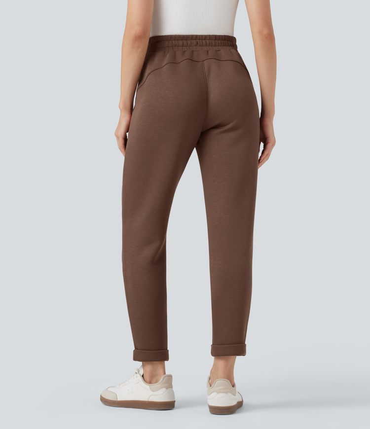 Pantalones casuales de tiro alto con cordón ajustable y dobladillo enrollado con bolsillos
