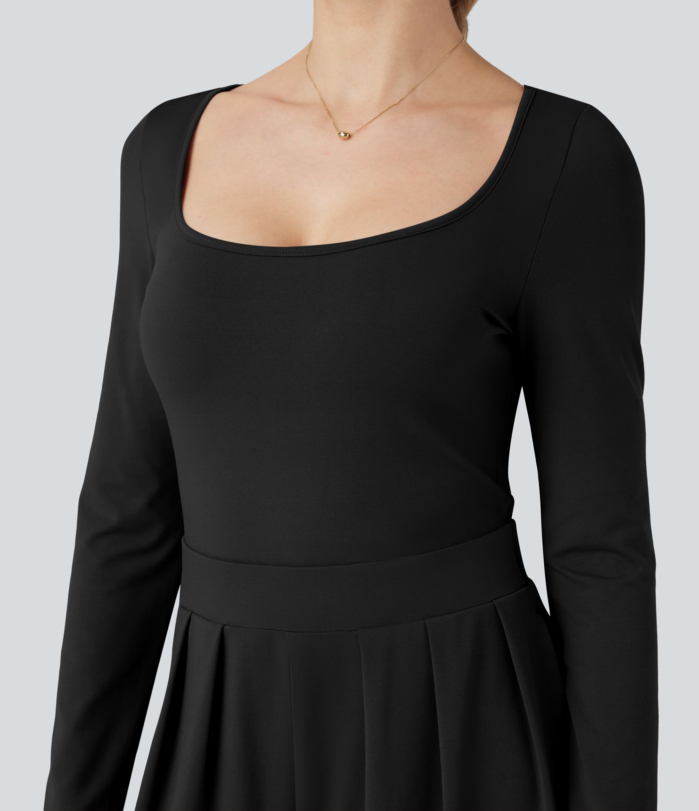 U-Neck Long Sleeve Wide Leg Casual Jumpsuit with Pockets