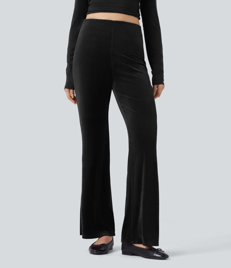 Ribbed Velvet SoCinched High Waisted Tummy Control Casual Flare Pants with Pockets