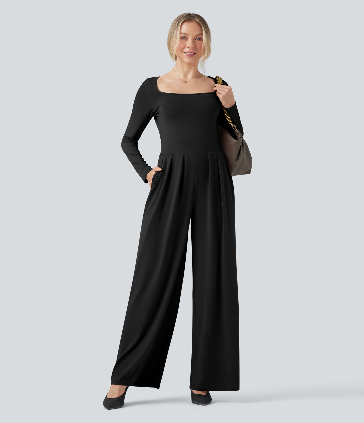 U-Neck Long Sleeve Wide Leg Casual Jumpsuit with Pockets