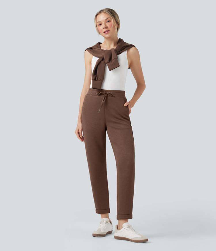 Pantalones casuales de tiro alto con cordón ajustable y dobladillo enrollado con bolsillos