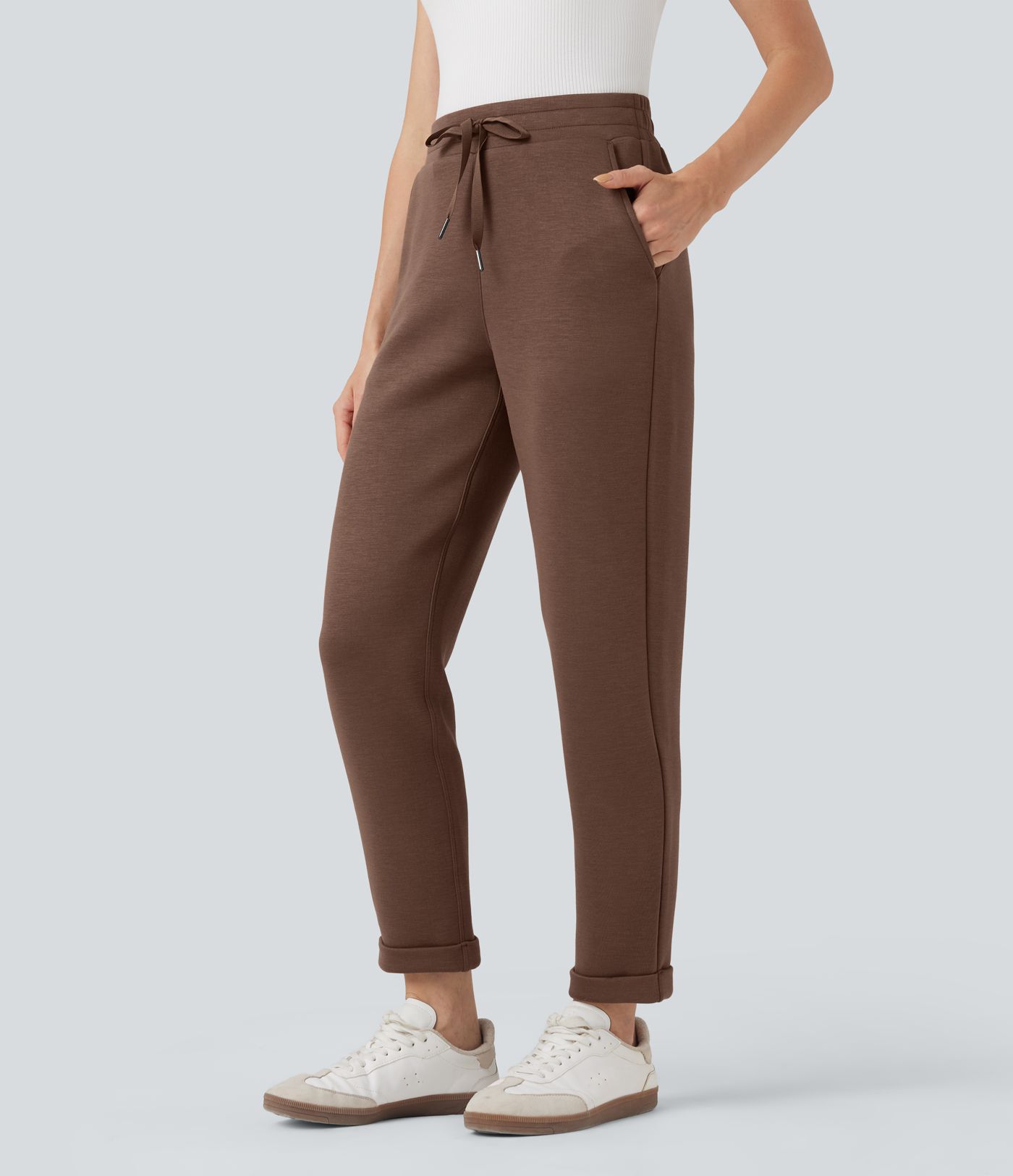 Pantalones casuales de tiro alto con cordón ajustable y dobladillo enrollado con bolsillos